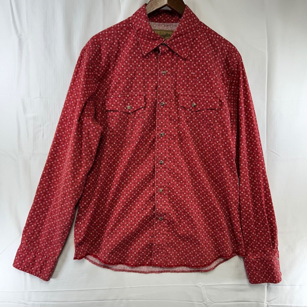 Wrangler Western Shirt Mens Large Red Geometric Pearl Snap Retro 112375546 - Picture 1 of 9